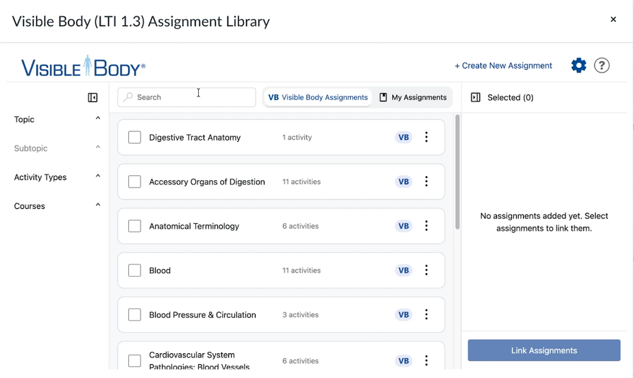 Assignment Library in Visible Body Courseware