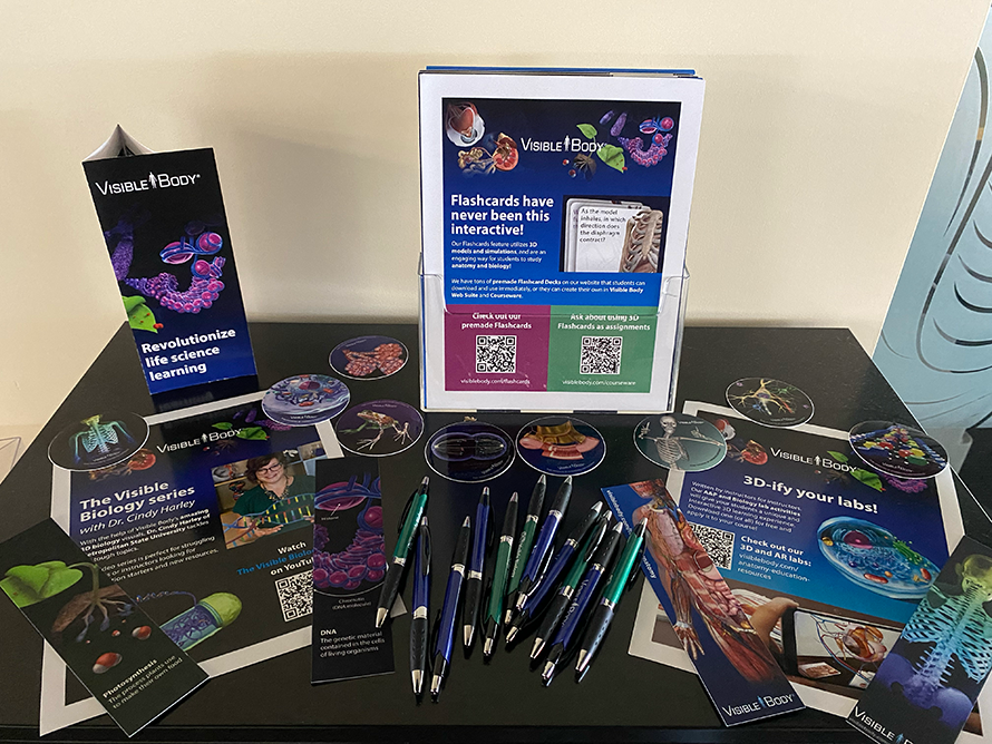 A spread of Visible Body promotional items such as pens, stickers, bookmarks, and posters